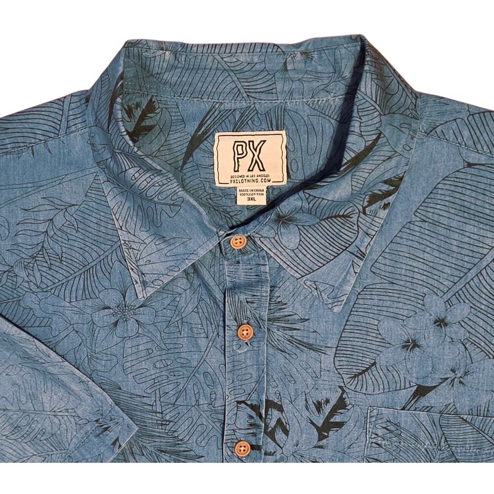 PX Clothing Button Front Denim Shirt with Tropical Palm Leaf Print sz 3XL